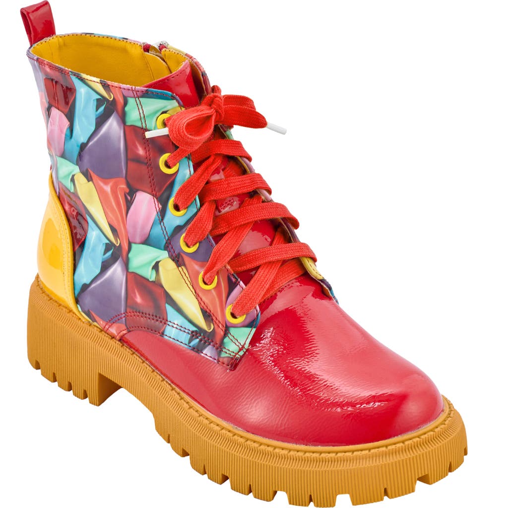 Ninety Union Freeway Lug Sole Combat Boot In Red Multi