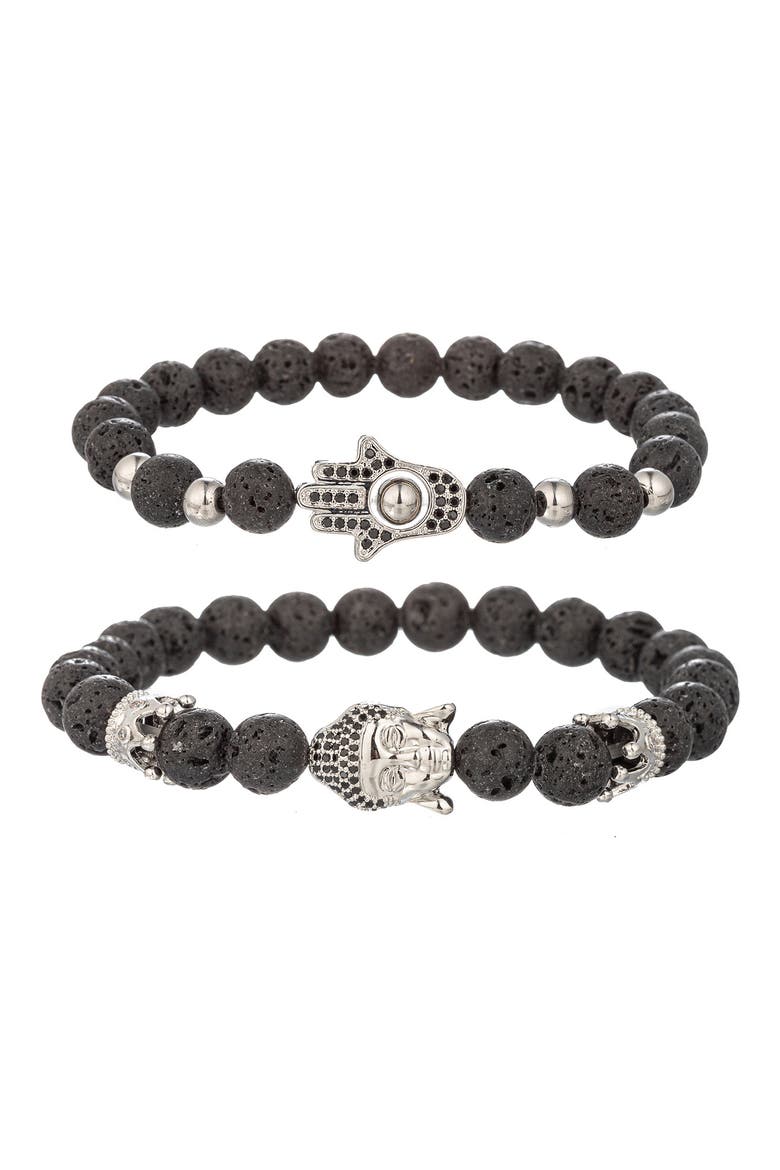 Men's Set of 2 Ethan Hamsa Hand Buddha Head Bracelets, Main, color, SILVER
