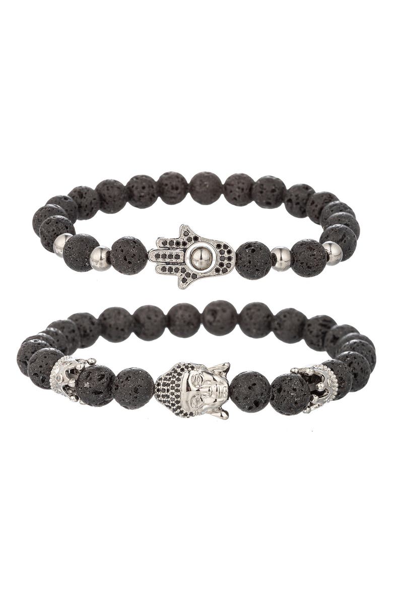 EYE CANDY LOS ANGELES Men's Set of 2 Ethan Hamsa Hand Buddha Head Bracelets, Main, color, Silver