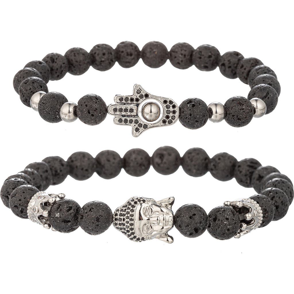 Eye Candy Los Angeles Set Of 2 Ethan Hamsa Hand Buddha Head Bracelets In Silver