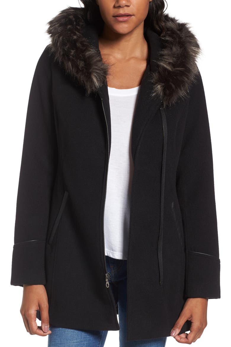 Asymmetrical Zip Jacket with Faux Fur Collar, Main, color, BLACK