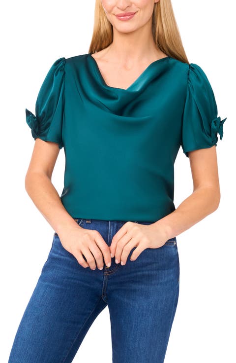 Bow Sleeve Cowl Neck Satin Charmeuse Top