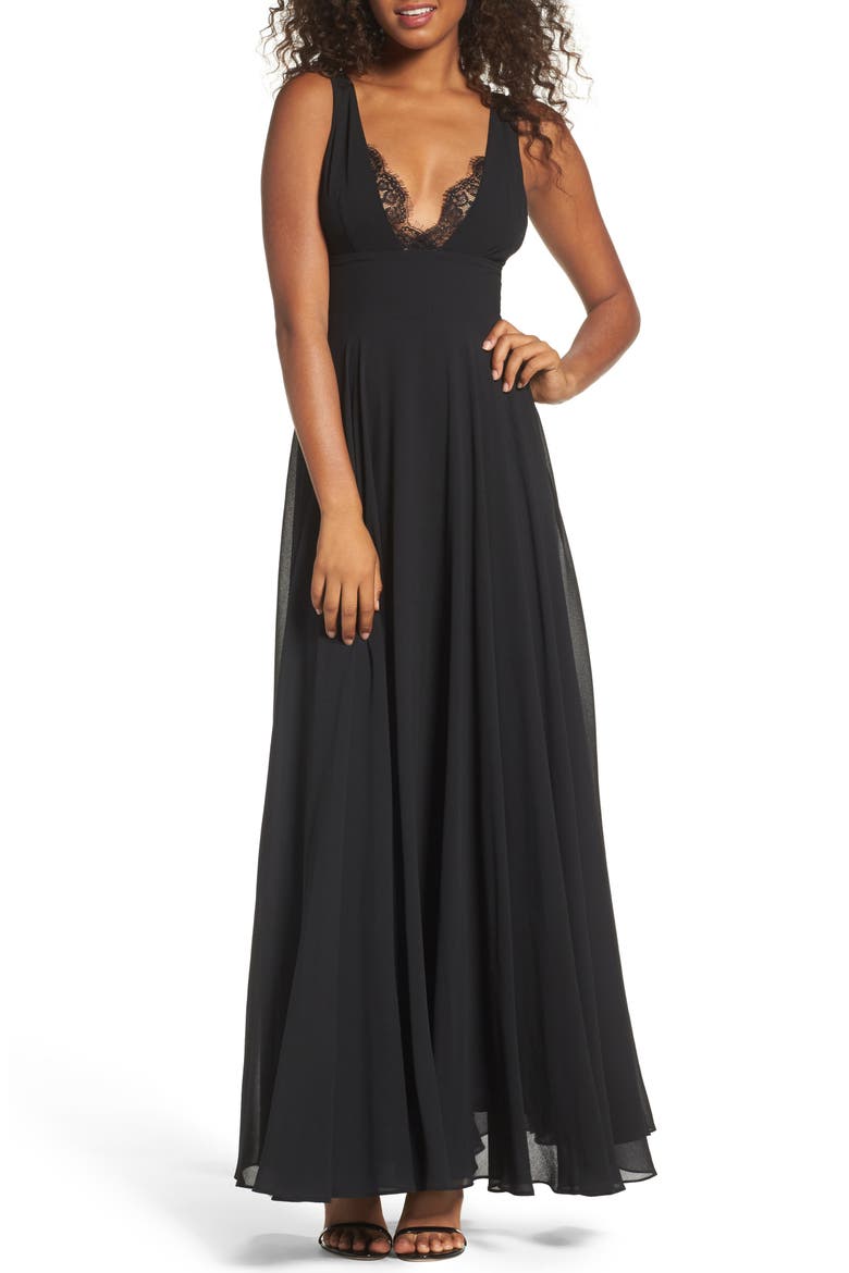 Lace Trim Chiffon Maxi Dress, Main, color, BLACK