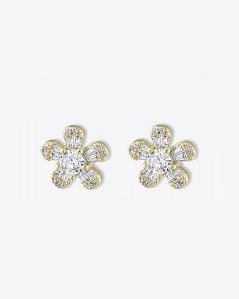Pave and Baguette CZ Flower Earrings