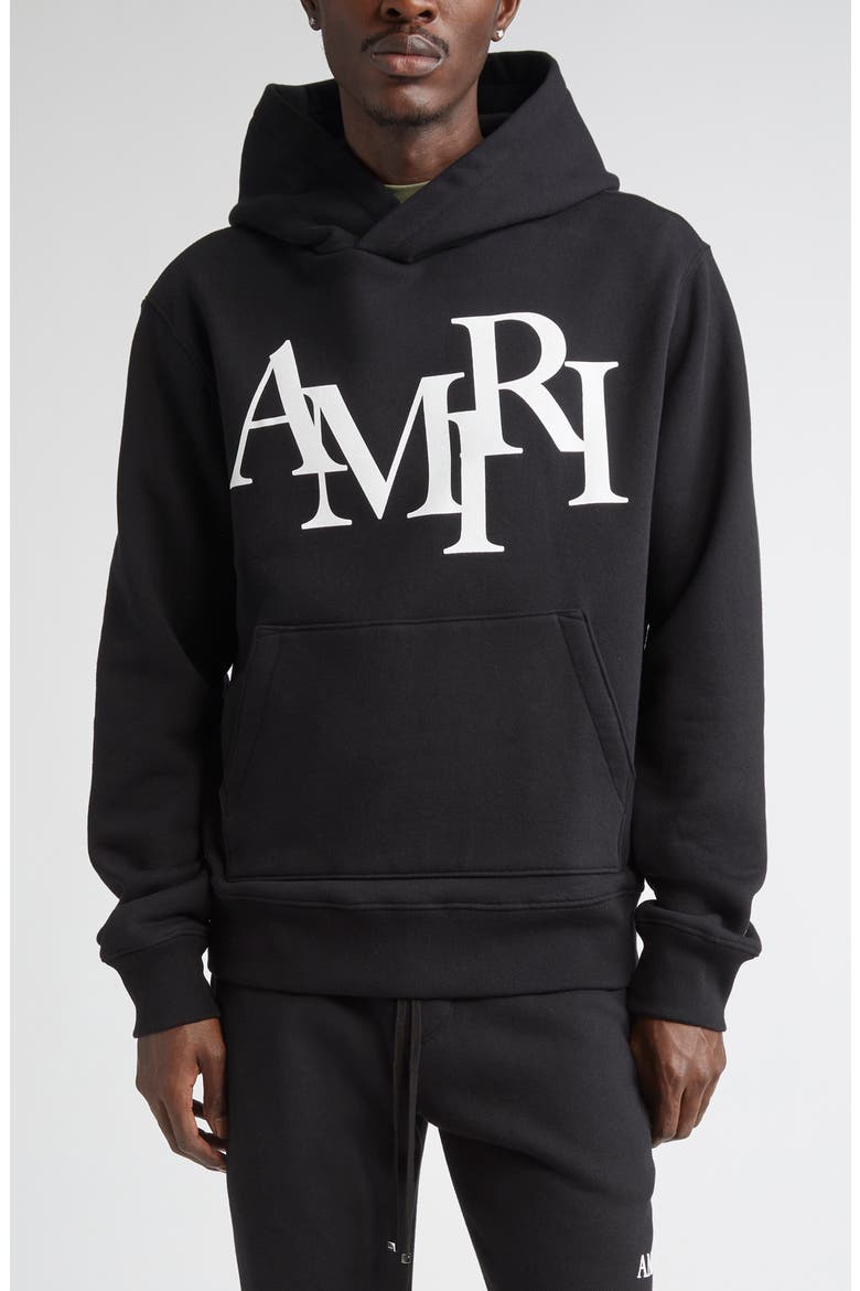 Staggered Logo Graphic Hoodie, Main, color, BLACK