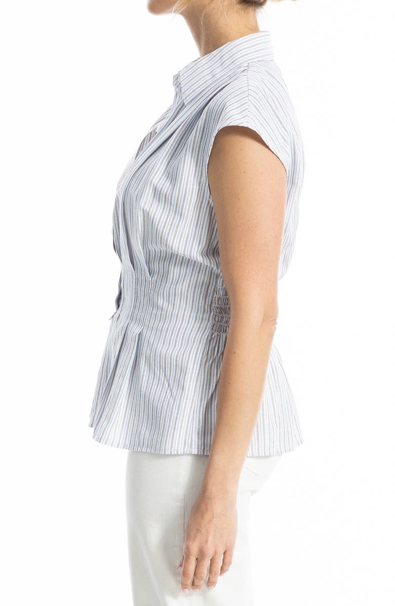 MAX STUDIO Pin Tuck Pleat Button Front Shirt, Alternate, color, Blue/ White/ Brown Stripe