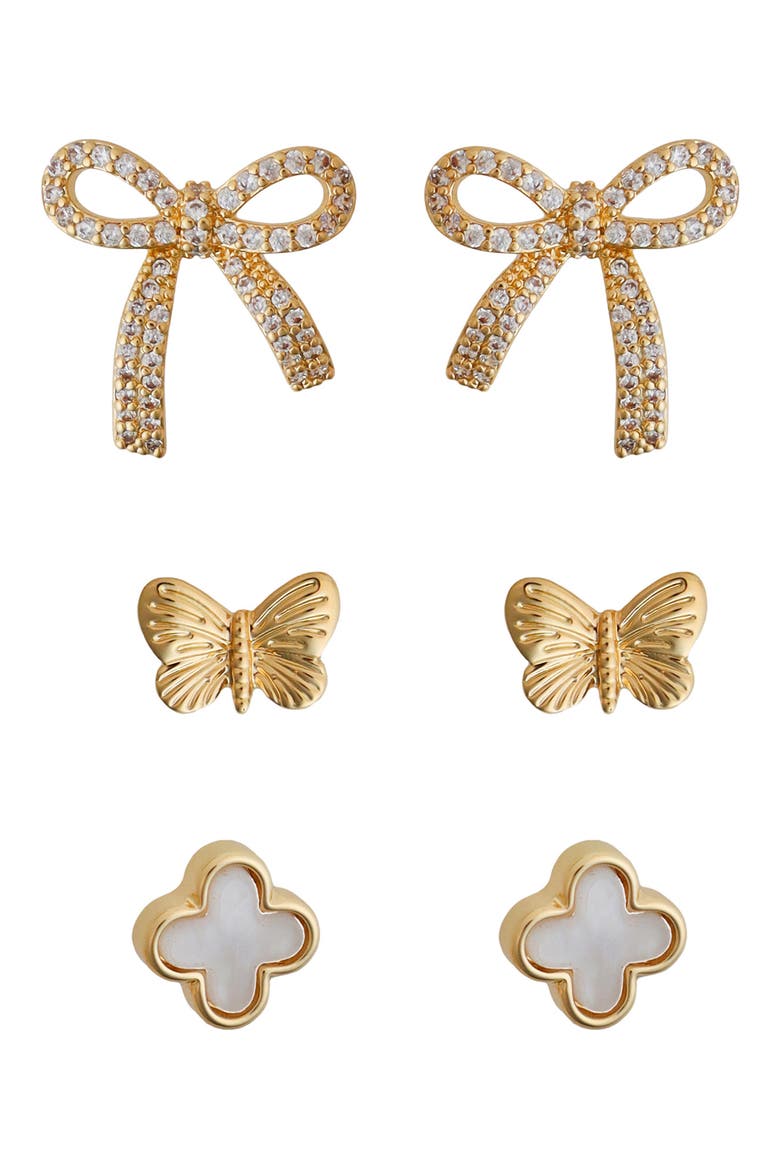 Set of 3 Bow Butterfly Clover Stud Earrings, Main, color, GOLD