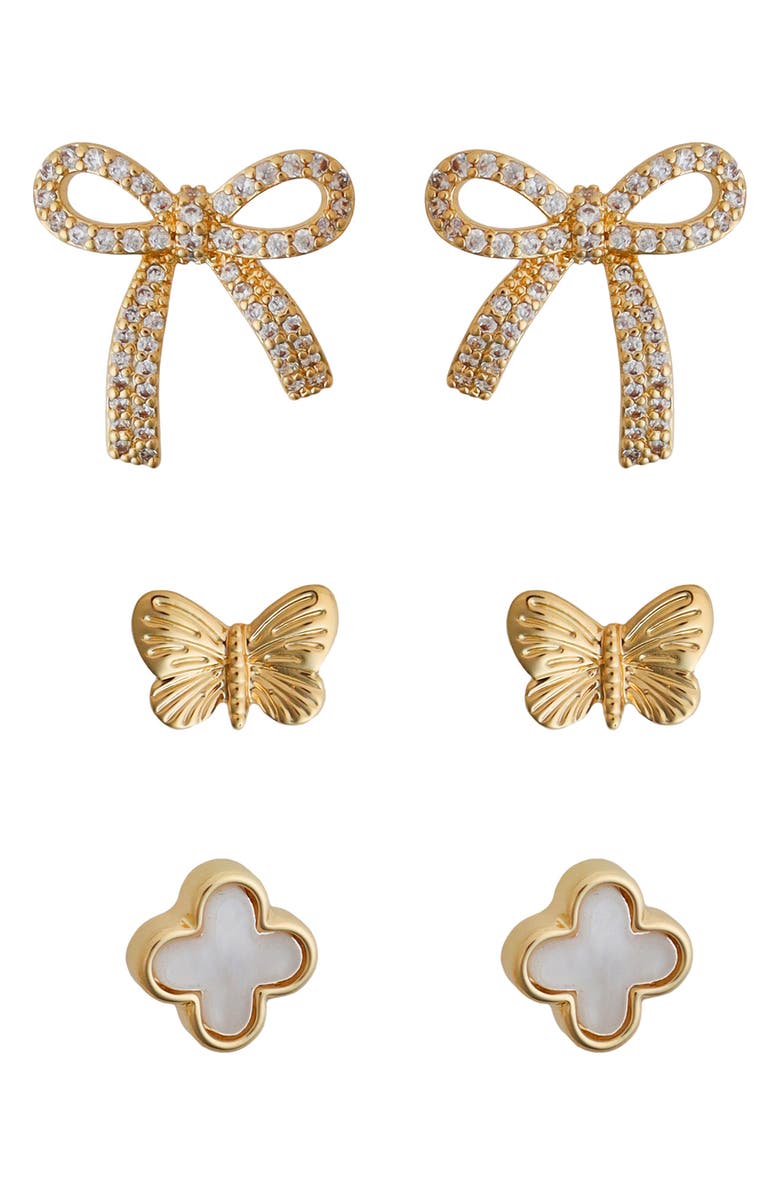 Panacea Set of 3 Bow Butterfly Clover Stud Earrings, Main, color, Gold