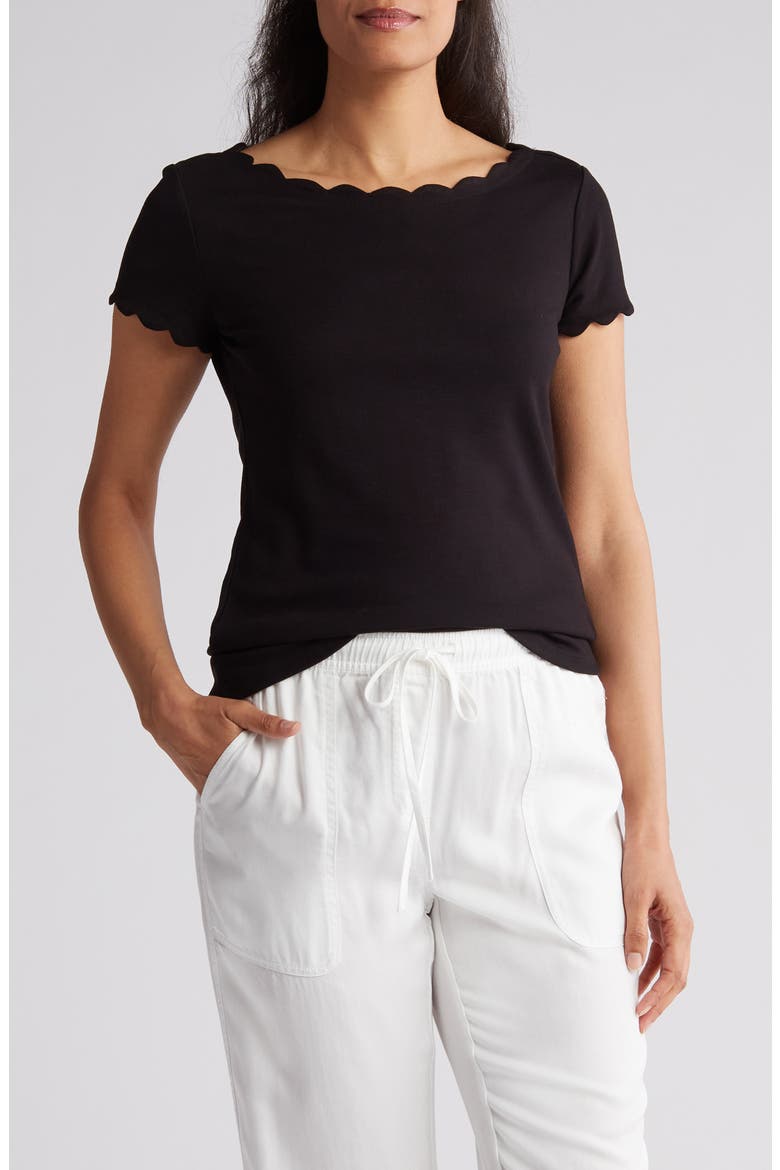 Scalloped Knit T-Shirt, Main, color, BLACK