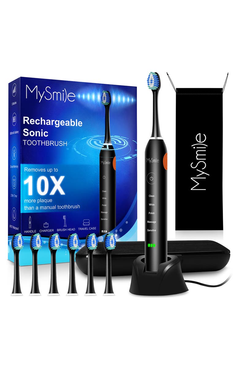 MySmile Rechargeable Sonic Electric Toothbrush for Adults, 6 Brush Heads, 5 Modes, Main, color, Black