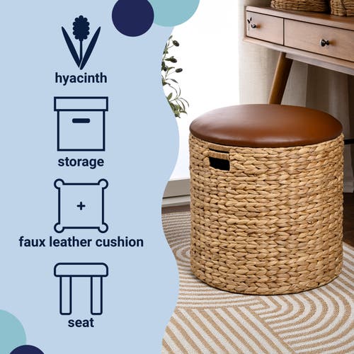 Happimess Josie 18" Modern Coastal Hand-woven Hyacinth Storage Ottoman With Lid In Brown