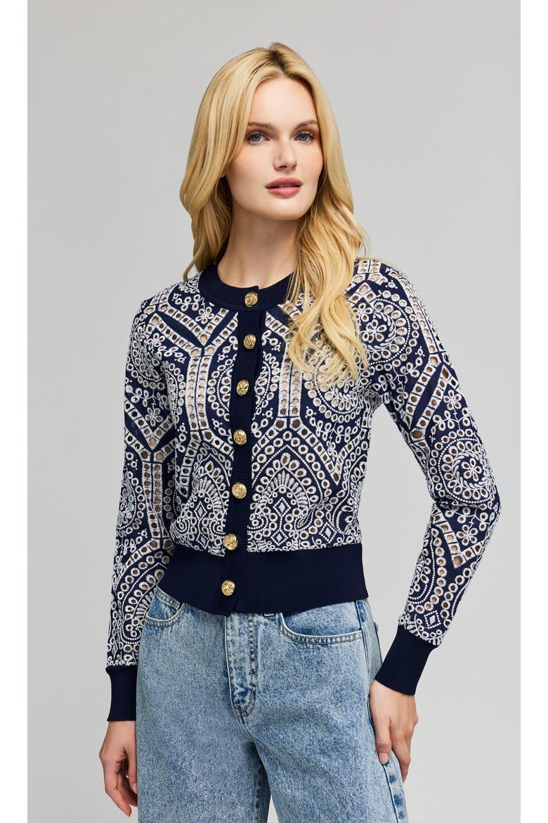 Erin Cotton Eyelet Cardigan, Alternate, color, Navy/White
