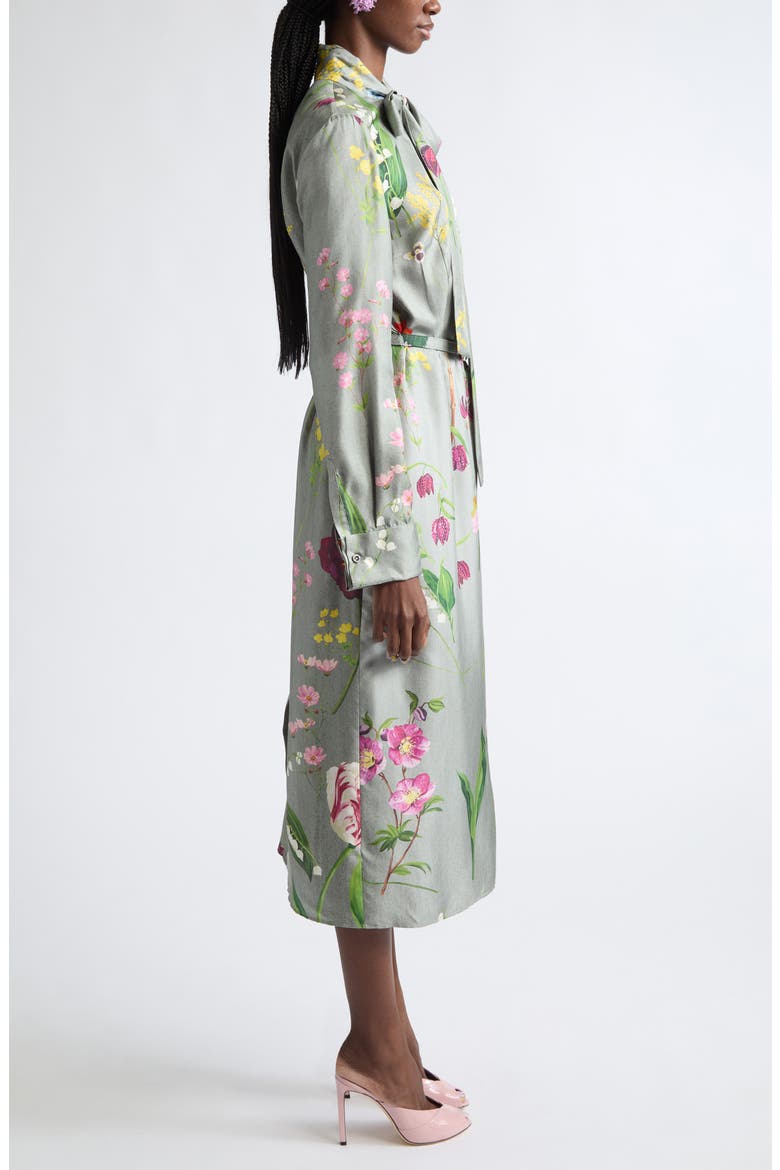 Floral Print Long Sleeve Silk Midi Dress, Alternate, color, GREY MULTI