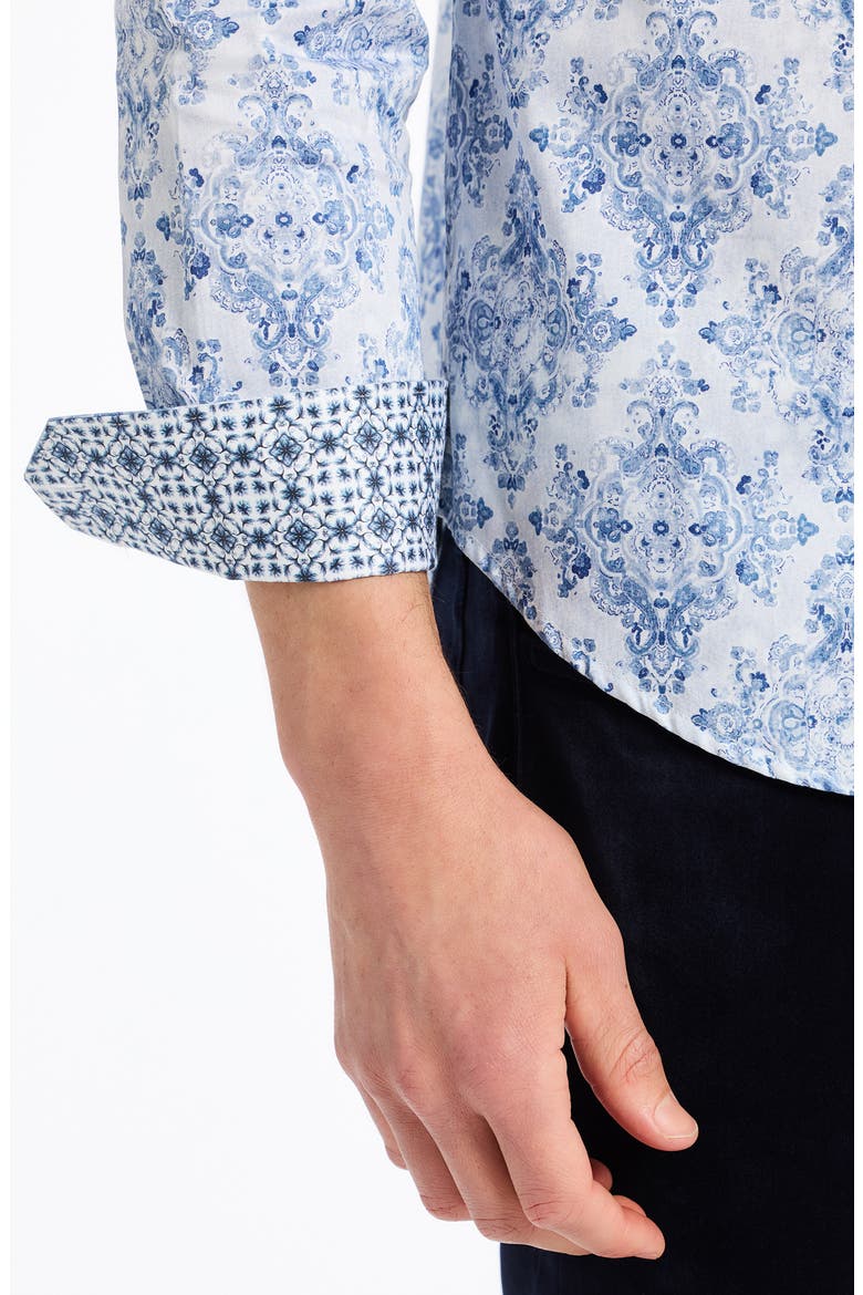 Delancey Damask Print Stretch Cotton Button-Up Shirt, Alternate, color, NAVY