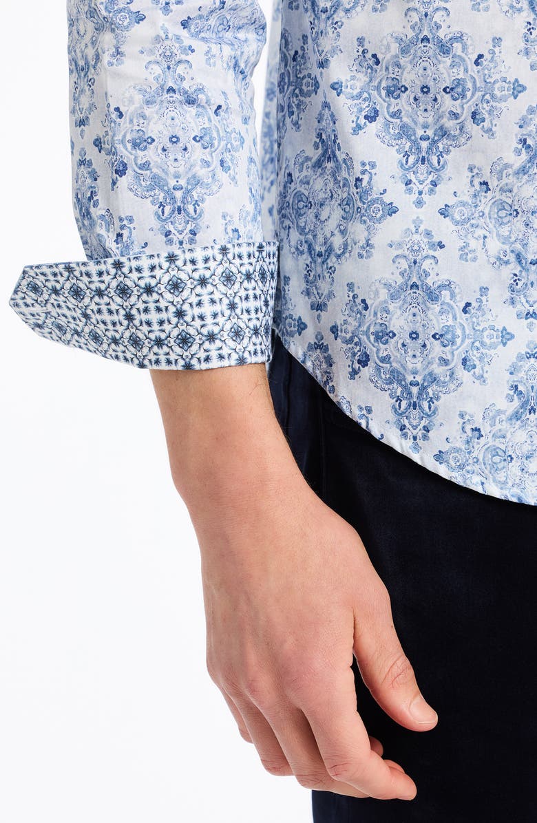 Robert Graham Delancey Damask Print Stretch Cotton Button-Up Shirt, Alternate, color, Navy