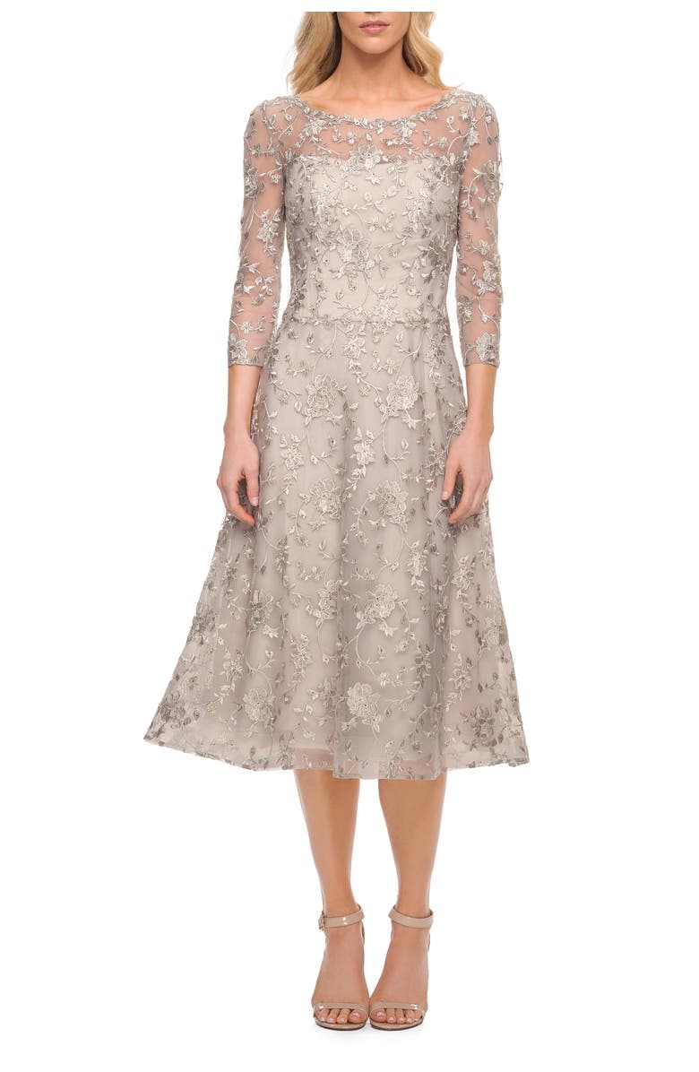 La Femme Tea Length Dress with Full Skirt in Lace, Main, color, Pearl Silver