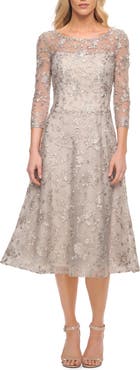 La Femme Tea Length Dress with Full Skirt in Lace