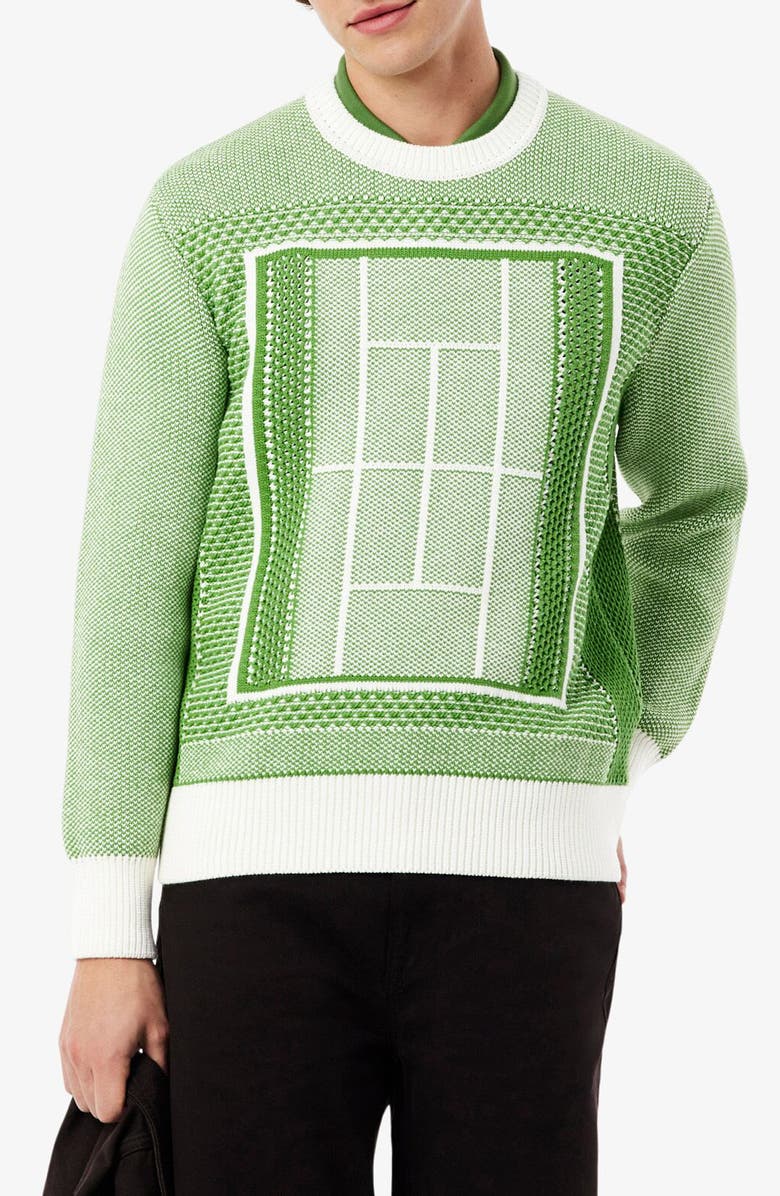 Lacoste Tennis Court Cotton Blend Jacquard Sweater, Main, color, Billiard Green/ Flour