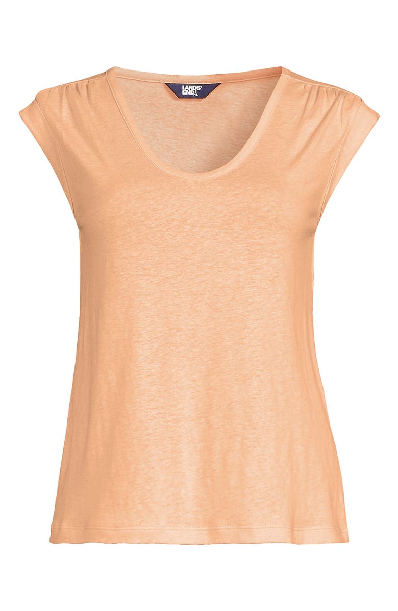 Lands' End Linen Blend Cap Sleeve Gathered Shoulder Tee, Alternate, color, Peach Sorbet