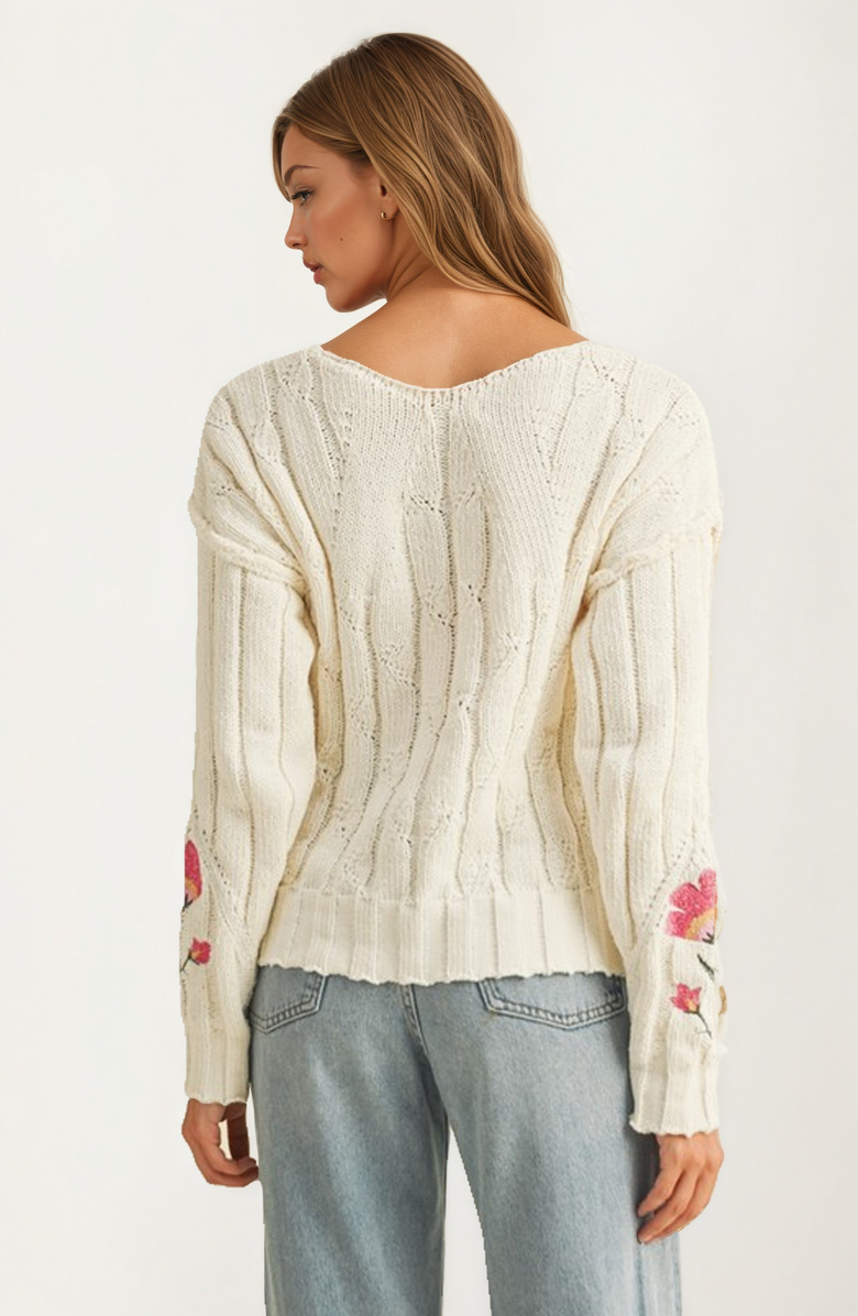 Knit and Lounge Floral Embroidered Cable Knit Sweater, Alternate, color, Ivory