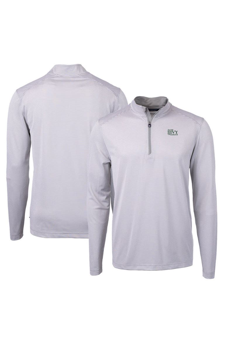 Men's Cutter & Buck  Gray/White Ivy League DryTec Tri-Blend Virtue Eco Pique Micro Stripe Recycled Quarter-Zip Pullover, Alternate, color, Gray