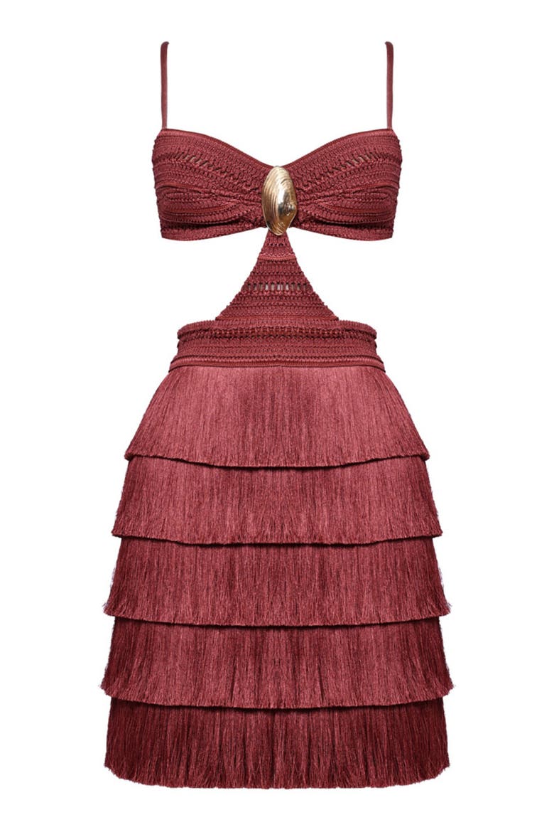 Amethyst Fringe Mini Dress, Alternate, color, BROWN