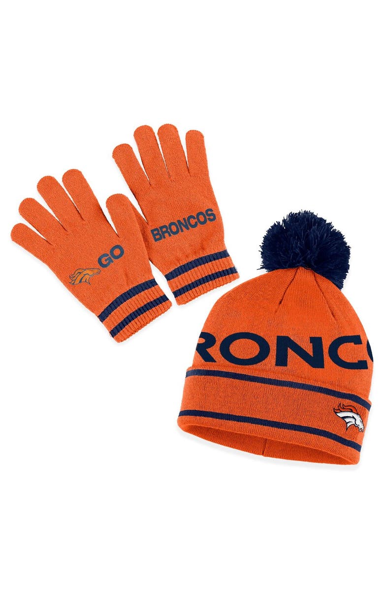 WEAR by Erin Andrews Women's WEAR by Erin Andrews Orange Denver Broncos Double Jacquard Cuffed Knit Hat with Pom and Gloves Set, Main, color, Orange