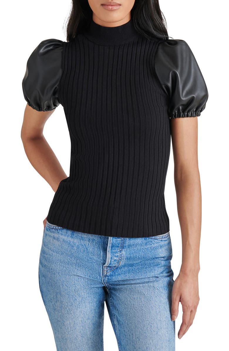 Steve Madden Peggy Mixed Media Faux Leather Sleeve Sweater, Main, color,