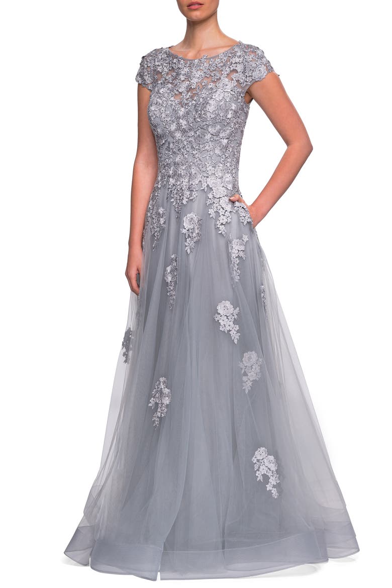 Long Tulle Gown with Intricate Lace Detailing, Main, color, SILVER