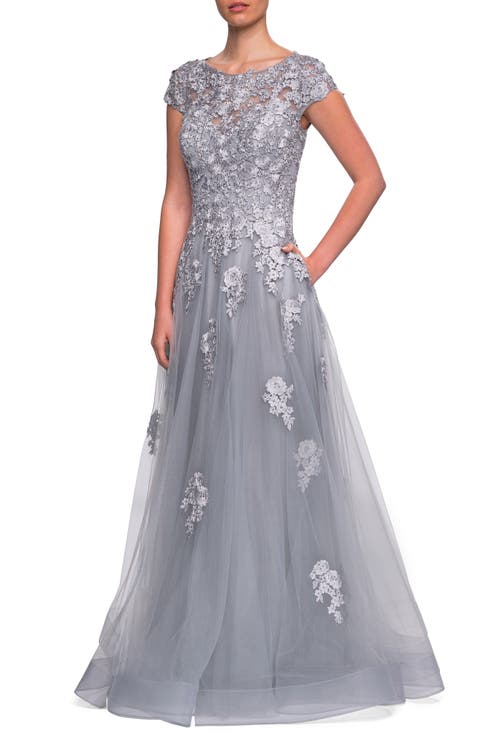 Long Tulle Gown with Intricate Lace Detailing