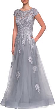 La Femme Long Tulle Gown with Intricate Lace Detailing