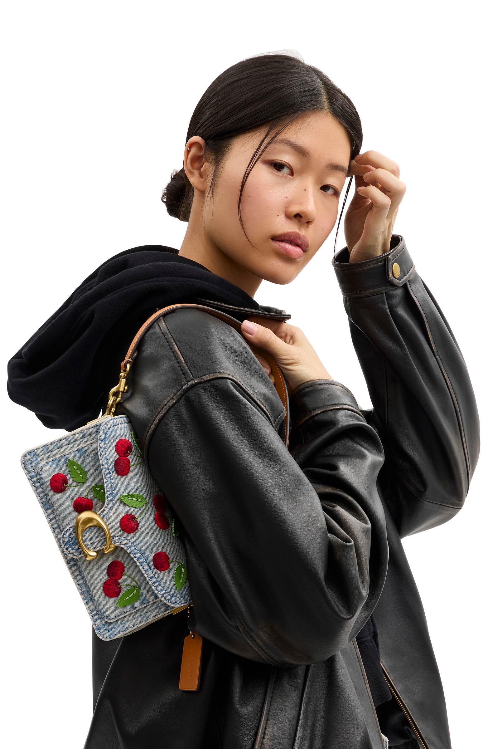 COACH Tabby 20 Cherry Embroidered Denim Shoulder Bag, Alternate, color, Denim Multi