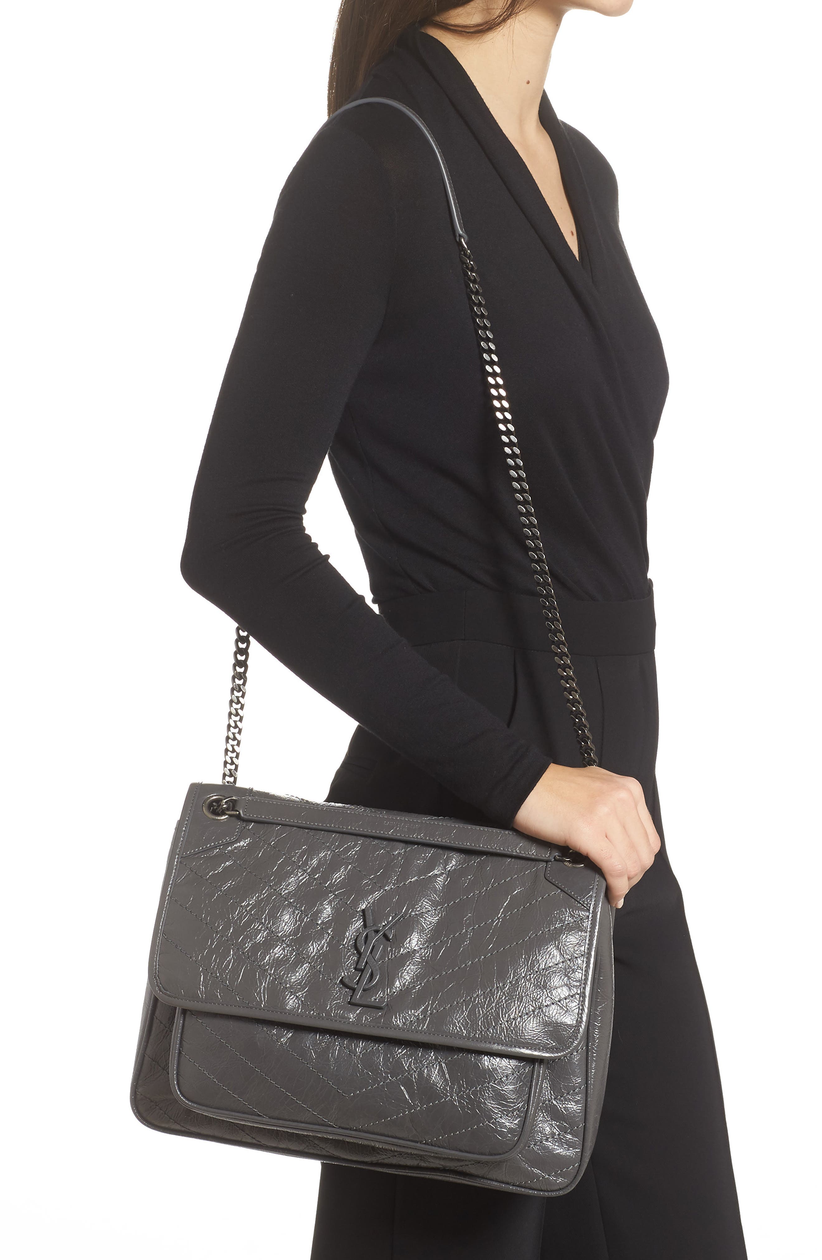 Large Niki Crinkled Matelassé Leather Shoulder Bag, Alternate, color, STORM