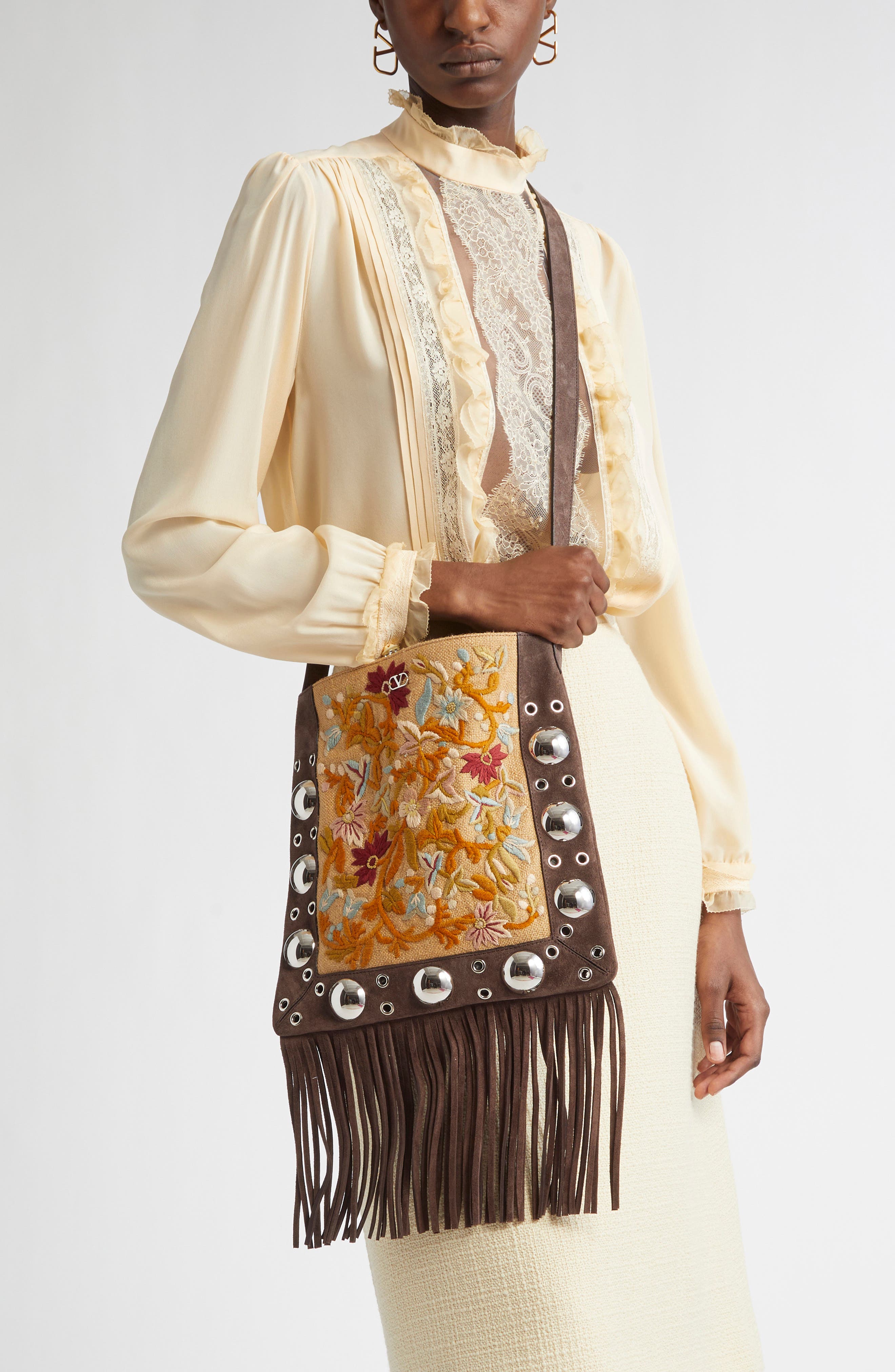 Valentino Garavani Small Nellcôte Fringe Stud Embroidered Crossbody Bag, Alternate, color, Brown/ Black