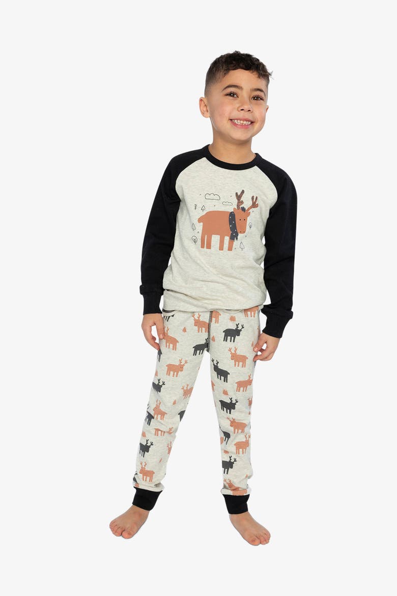 Elk Organic Cotton Top Pants Two Piece Pajama Set, Alternate, color, Beige Print Elk