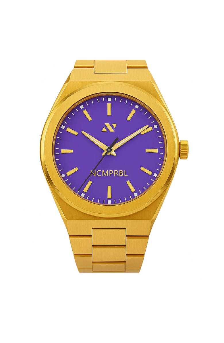 NCMPRBL Elevate Link Peri Swiss Movement Bracelet Watch, 42MM, Main, color, Yellow Gold/Purple