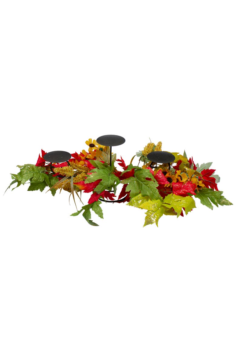 Northlight Glittered Sunflowers and Maple Leaves Fall Harvest Triple Pillar Candleholder - 28", Alternate, color, Yellow