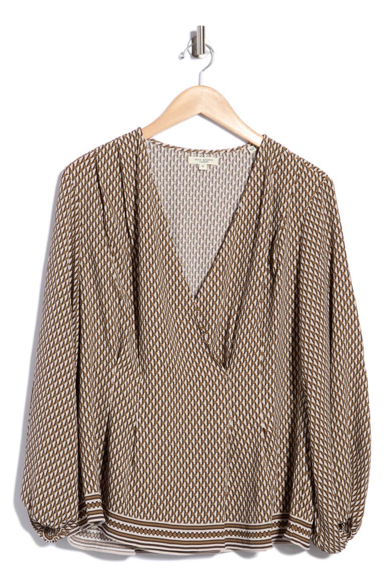 Front Pleat Long Sleeve Top, Main, color, CHOCOLATE/ ECRU DOTTTED BOUND