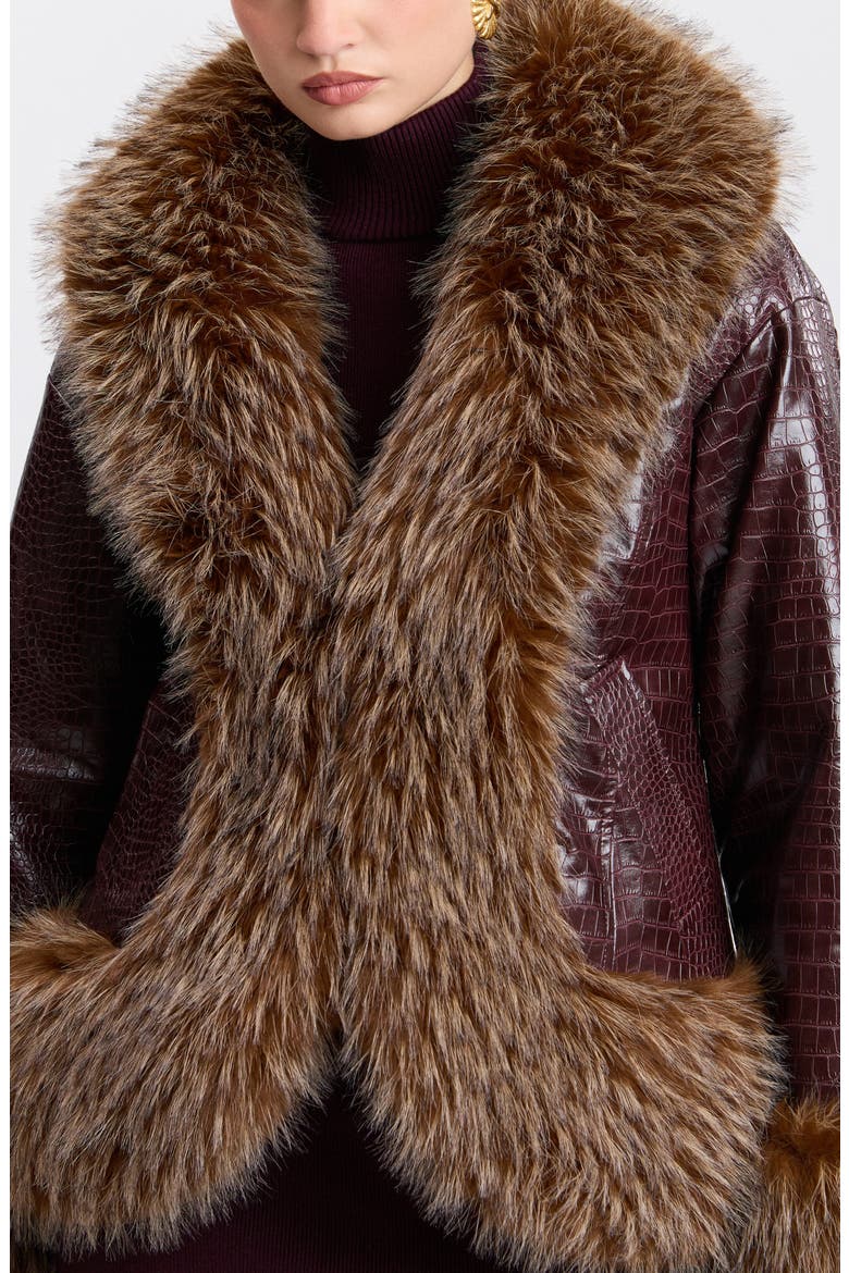 Croc Embossed Faux Leather Coat with Faux Fur Trim, Alternate, color, BORDEAUX