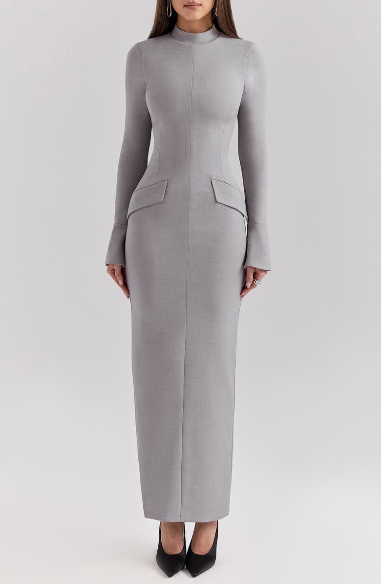 HOUSE OF CB Marie Louise Mock Neck Long Sleeve Maxi Dress, Main, color, Light Grey Melange