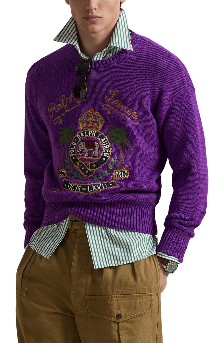 Polo Ralph Lauren Embroidered Cotton Sweater, Main, color, Passionflower Purple Heather