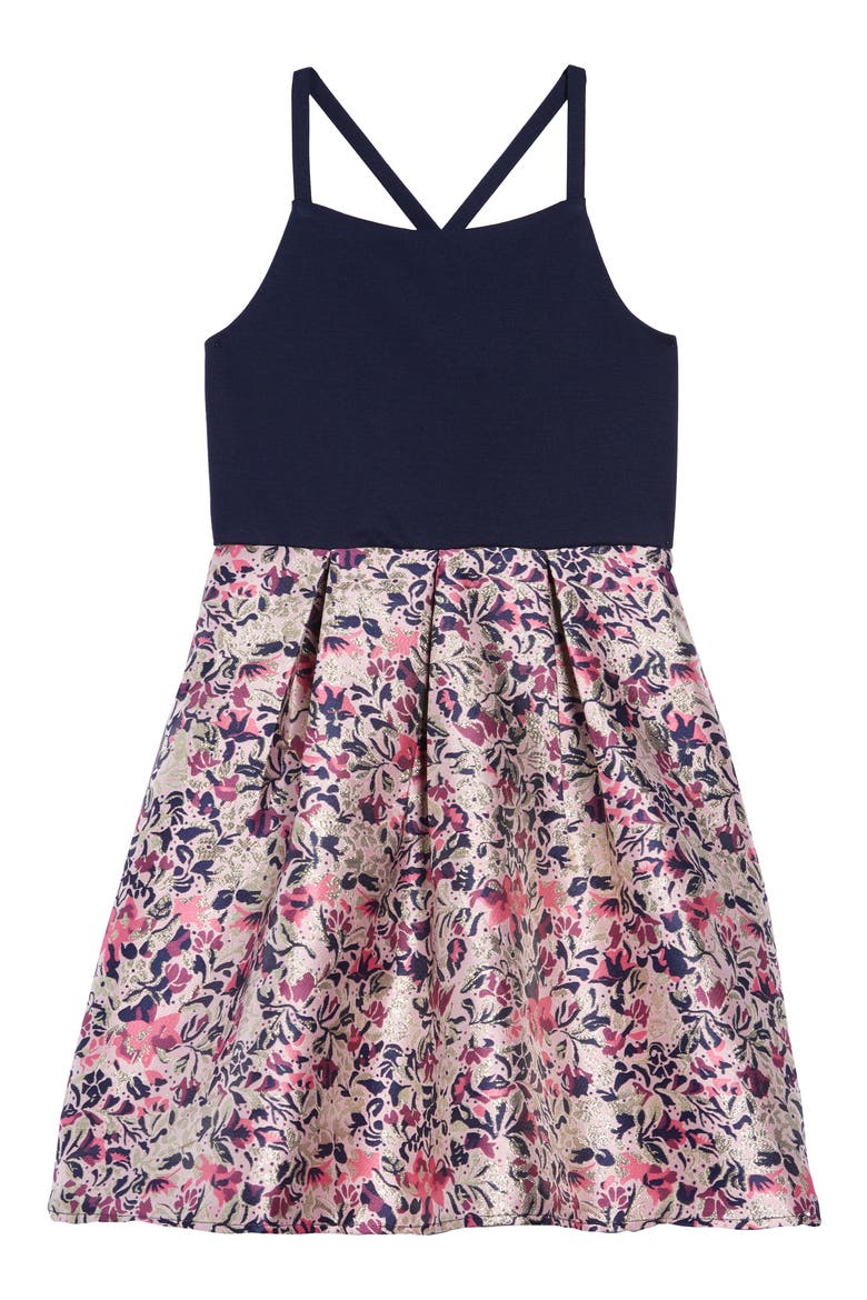 Girl Mixed Media Dress, Main, color, NAVY/PINK
