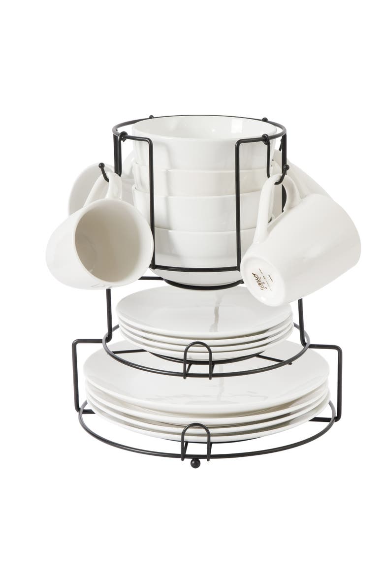 17-Piece Porcelain Dinnerware Set for 4 with Metal Rack, Main, color, White