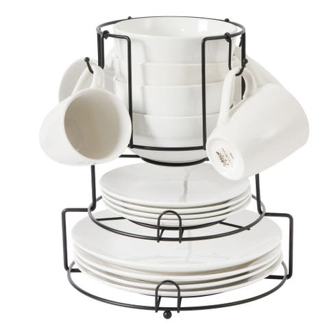 17-Piece Porcelain Dinnerware Set for 4 with Metal Rack