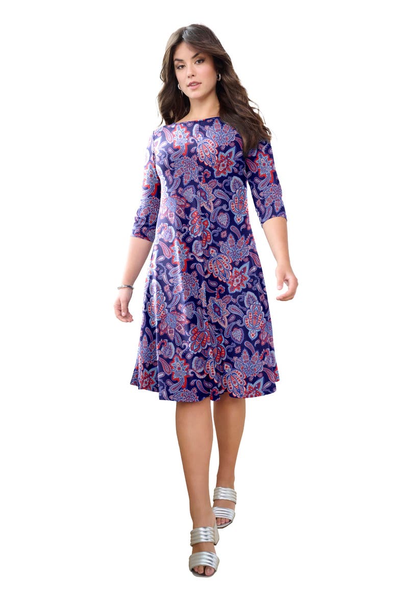 Plus Size 3/4 Sleeve Boatneck Swing Dress, Main, color, NAVY PAISLEY MEDALLION