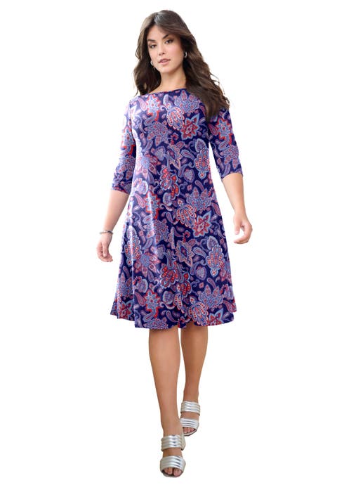 Plus Size 3/4 Sleeve Boatneck Swing Dress