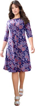 Roaman's Plus Size 3/4 Sleeve Boatneck Swing Dress
