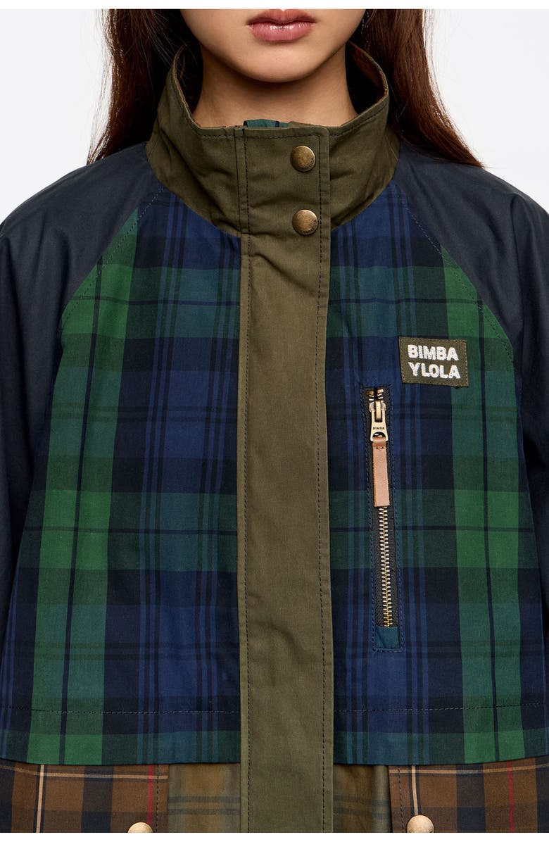 Bimba y Lola Short Multicolor Checked High Neck Trench, Alternate, color, Navy