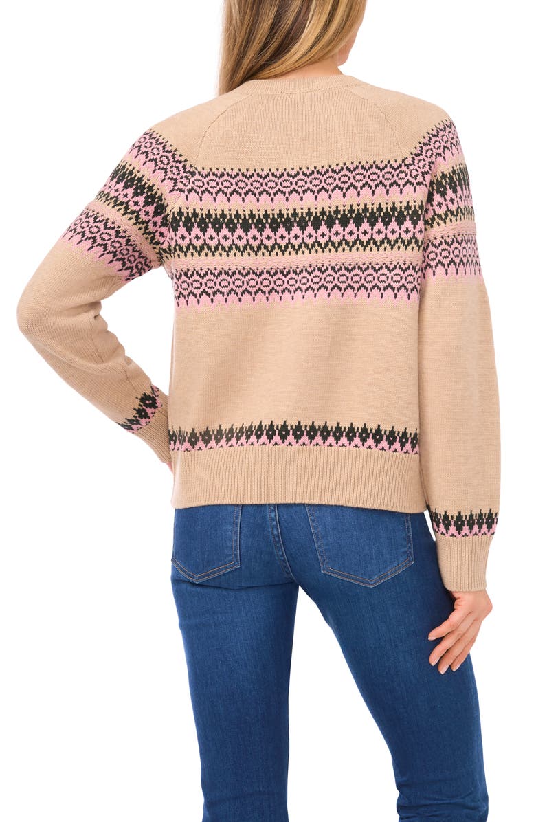 CeCe Fair Isle Stripe Cardigan, Alternate, color, Biscuit Heather