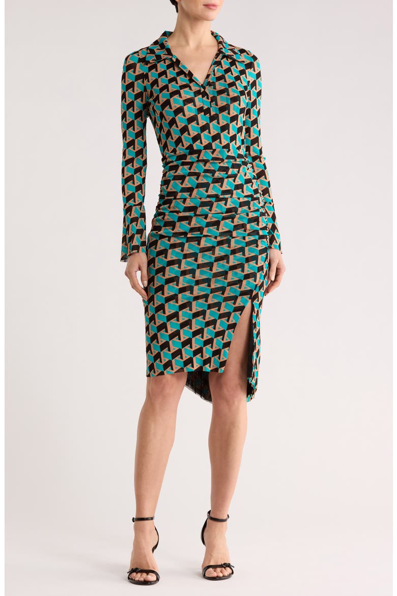 Lilly Johnny Collar Long Sleeve Dress, Main, color, INTERMISSION GEO TURQUOISE